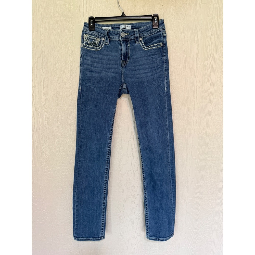 Vigoss Womens Straight Leg Jeans Blue Thick Stitch Embroidered Pockets Size 6